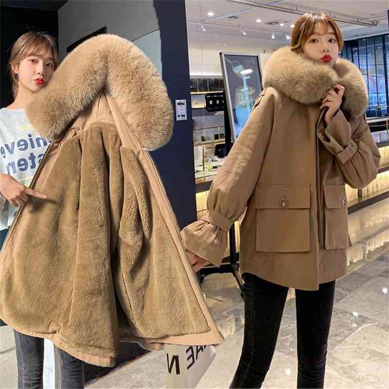 

Winter Padded Jacket Women Hooded Big Fur Collar Warm Thicken Oversize Coats Female Korean Lamb Wool Lining Parkas 210602, Khaki