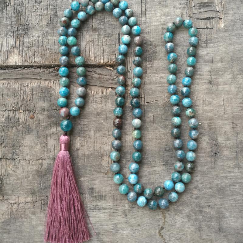 

Pendant Necklaces EDOTHALIA 8MM Beads Mala Necklace For Women Handmade Knotted Jewelry Natural Apatite Stone Bead Tassels, Silver