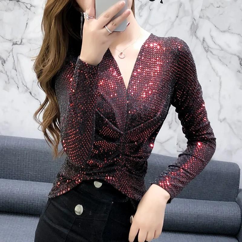 

Women's Polos Spring Women Tops Shine Slim Short Sleeve T-shirt Casual Long Stylish Sexy V-neck Bright Glitter T Shirt Streetwear, Gold