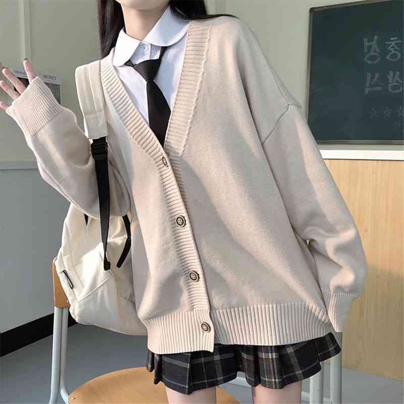 

Japanese Fashion College Loose V-neck Cardigan Sweater Female Outer Wear Sweater Coat Japanese School Uniform Zy6090, White;black