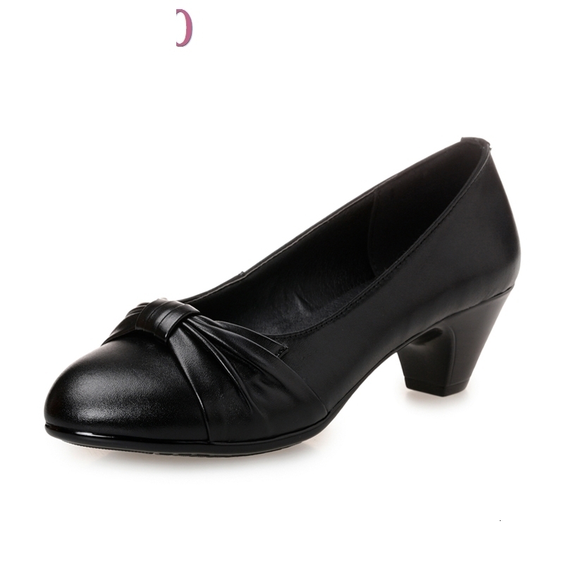 

Sandals Cowhide Women's High Heels Pumps Thick Heel Round Toe Genuine Leather Black Shoes for office lady Women Plus size 13RC