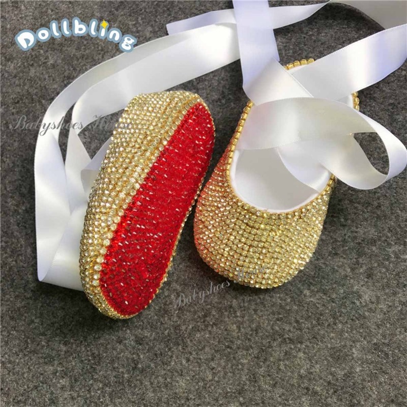 

Celebrity Wedding Party Infant Golden born Red Bottom Rhinestones Christening Handmade Baby Shoes with pacifier clips 220301, B1