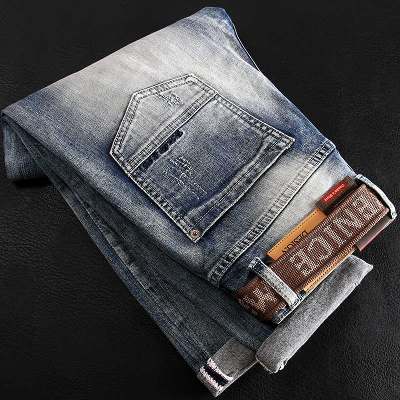

Ly Vintage Fashion Men Jeans High Quality Retro Light Blue Elastic Slim Fit Ripped Embroidery Designer Casual Pants, Retro blue
