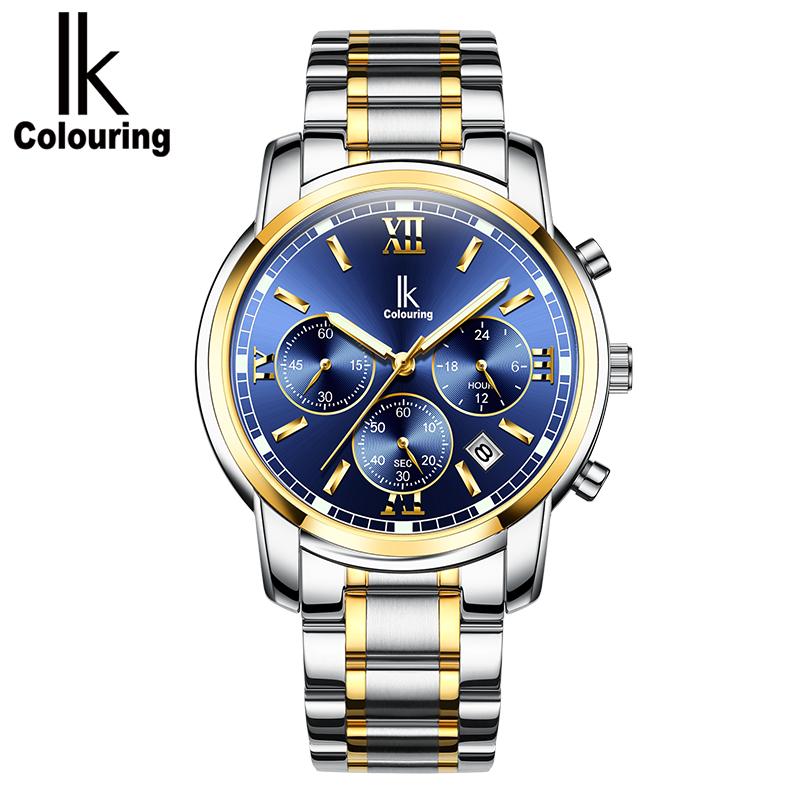 

Wristwatches IK Colouring Watch For Men Quartz Luxury Stainless Steel Waterproof Calendar Watches Relogio Masculino, Silver
