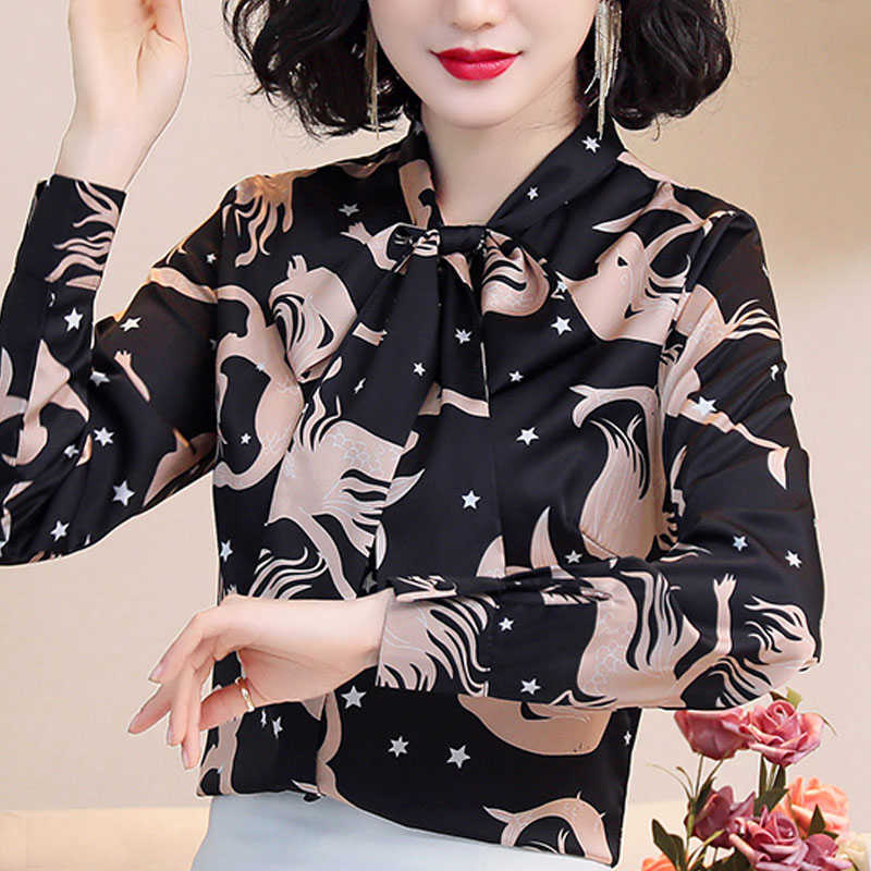 

Fashion Woman Blouses Long Sleeve Blouse Women Bow Collar Black Print Chiffon Blouse Shirt Women Tops Clothes Blusas C653 210602