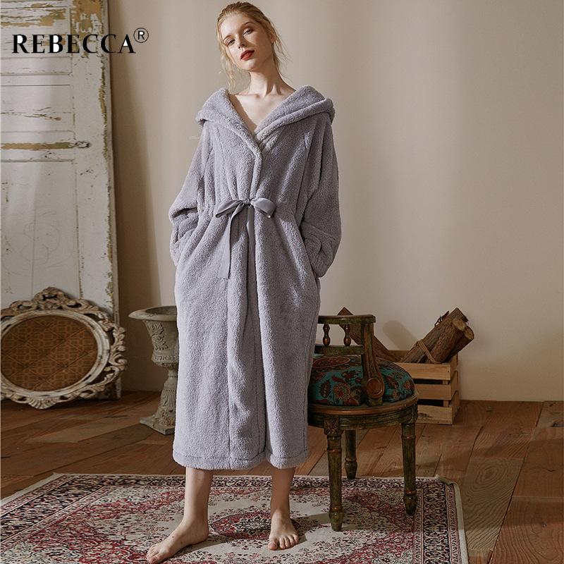 

Women' Sleepwear Brand 2021 Winter Double-sided Thick Fleece Bathrobe Women Flannel Loose Hooded Pockets And Straps Warm Ladies Nightgown, Sky blue