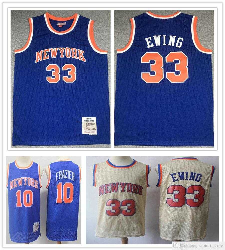 

Mesh Stitched Patrick 33 Ewing Jerseys Vintage Blue White Walt 10 Frazier Basketball College Shirts Fast Shipping