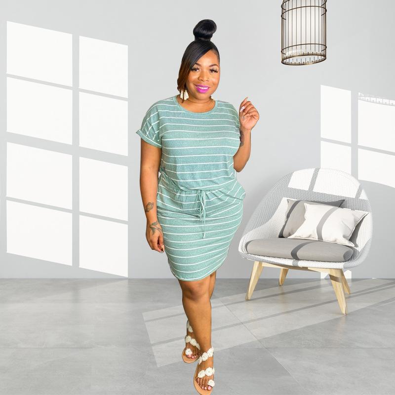 

Plus Size Dresses Summer Light 2021 5XL Loose Round Neck Knee Length Casual Short Sleeve Striped Pattern Straps Slim Home, Orange dress