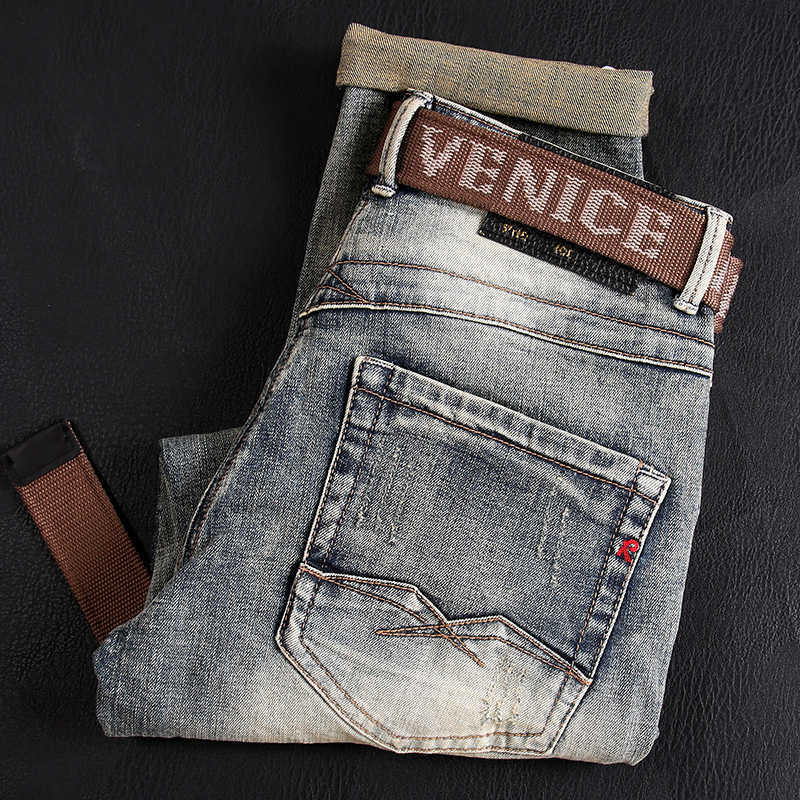 

Street Style Fashion Men Jeans High Quality Retro Distred Elastic Slim Fit Ripped Embroidery Designer Denim Pants 43F1, Retro yellow blue