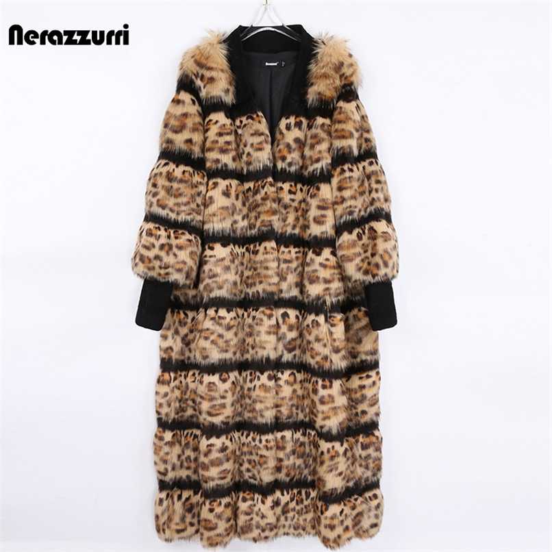 

Nerazzurri Winter Long Striped Warm Leopard Soft Fluffy Hairy Faux Fur Coat Women Loose Luxury Designer Fashion Streetwear 211110, White leopard