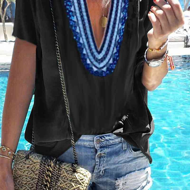 

Boho Chic Top T-Shirts Plus Size Shirt Ethnic Style Womens  Tunics Half Sleeve Deep V-Neck Blusas Verano Mujer 210603, Black