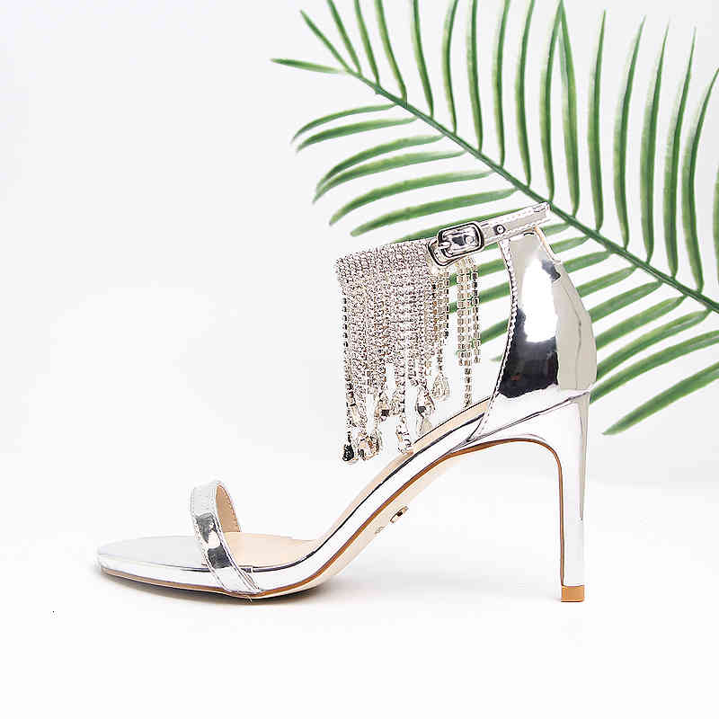 

Slippers 2021 summer sexy sandals one word buckle tassel female high heels all-match fashionable wedding shoes 1QLJ, Heel height 9 cm