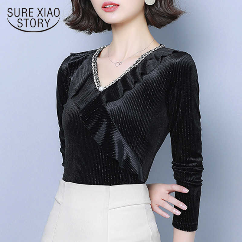 

Spring Fashion Solid Slim Long Sleeve Backing Shirt V-Collar Women Blouses and Tops Ladies Shirt Ruffles Sexy 8140 50 210527, Black
