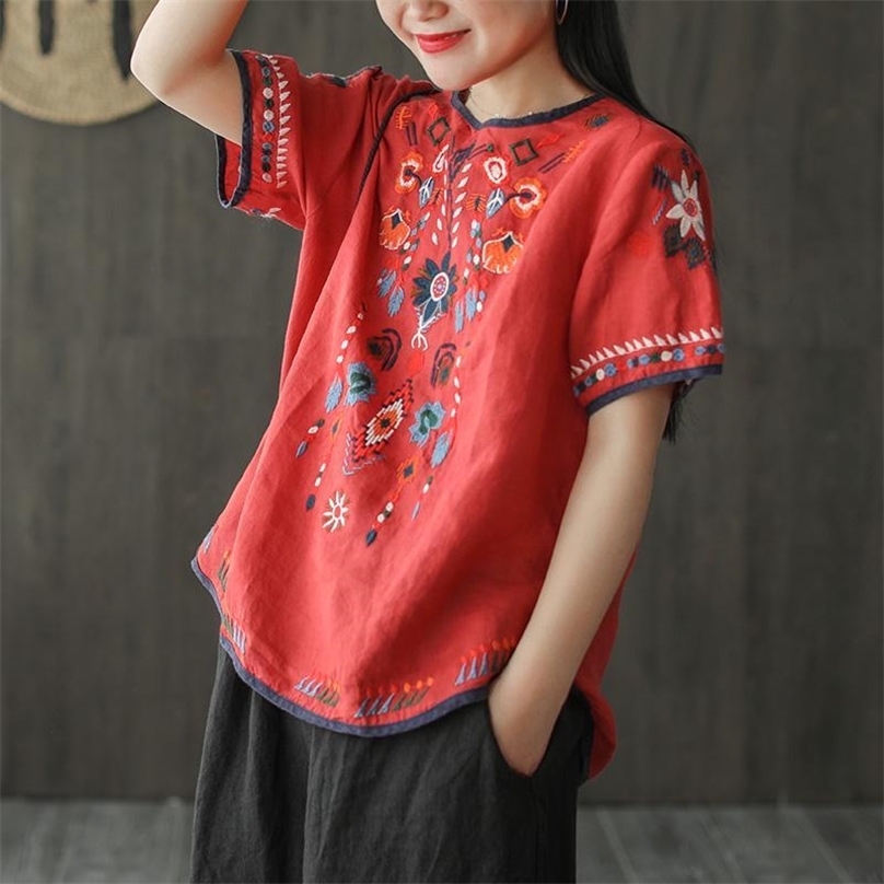 

Embroidered Tshirt Cotton And Hemp Top Women's Summer Korean Version Short Sleeve Literature Art Leisure Pullover Shirts 210720, Red