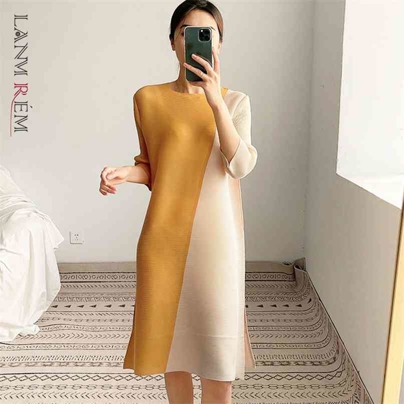 

Women's Dress Pleated Round Neck Stitching Color Patchwork A-line Temperament Loose Fit Fashion Summer 2H1013 210526, Yellow