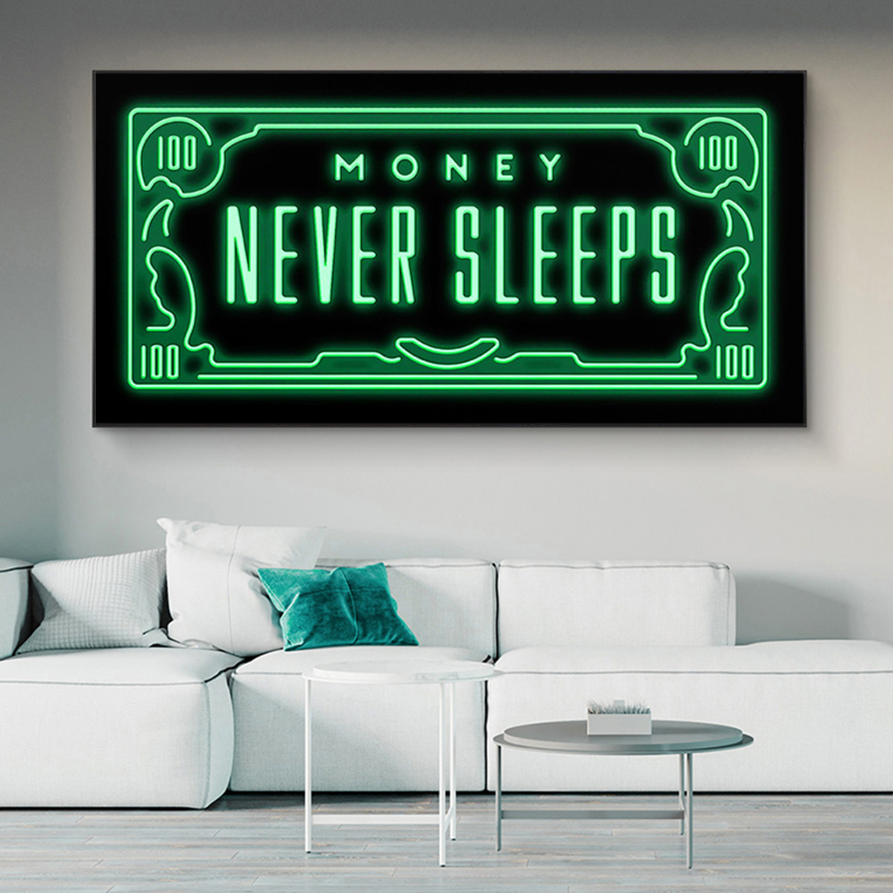

Money Never Sleeps Canvas Paintings Art Posters and Inspiring Phrases Prints Wall Art Pictures for Living Room Home Decoration Cuadros (No Frame)