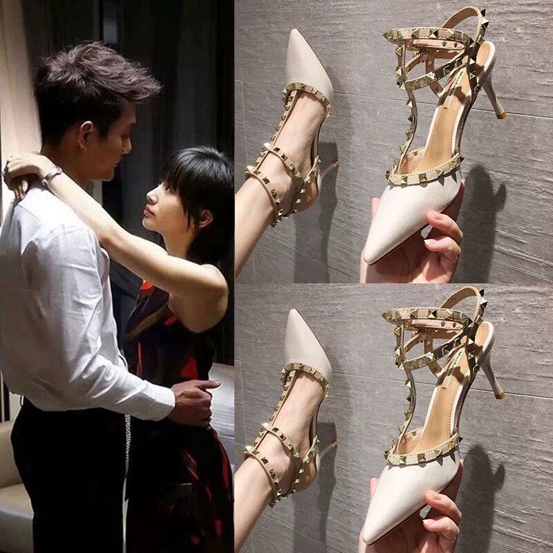 

Rivet Pointed High Heel Sandals Female Stiletto Outer Wear Spring And Summer Wild Orange Sexy Fairy Style Straps Dress Shoes, Black