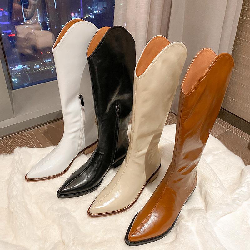 

Boots Brand Western Cowboy Women's Retro Long Tube Knee Length Pointed White Leather V-mouth High Knight, Beige
