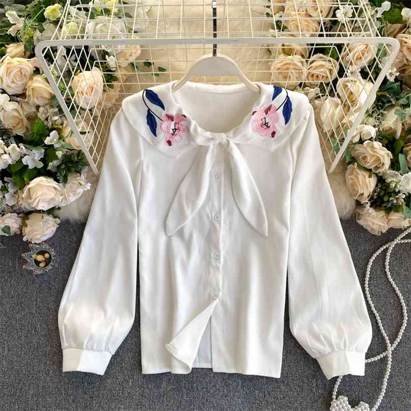 

fashion spring autumn embroidery shirt womens solid bow turn down collar long sleeve single breasted loose korean style blouse 210603, White