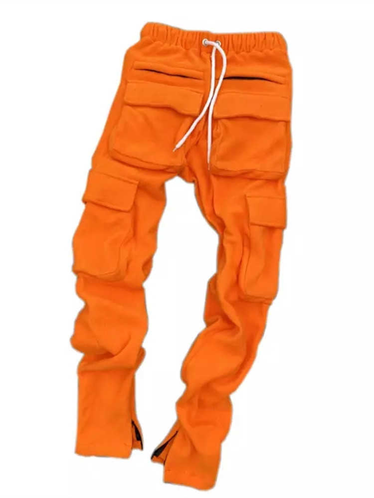 

Men Oversized Cargo Pants Streetwear Long Step Pants Solid color wool three-dimensional Pockets Slim Panelled Warm trousers male P0811, Black