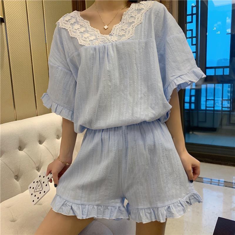 

Women's Sleepwear Cute Pajamas Set Women Summer 100% Cotton Pyjama Short V-Neck Shirt Shorts Plaid Pink Casual Sexy Lace Fashion V