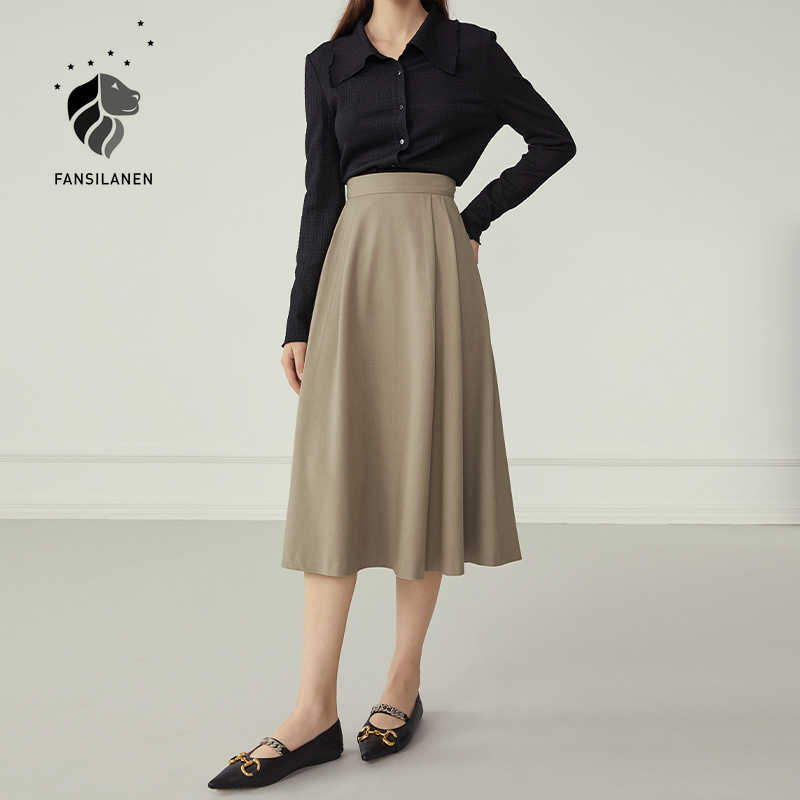 

FANSILANEN Office lady elegant a-line skirt Women high waist vintage green long Female autumn winter retro bottom 210607, Khaki