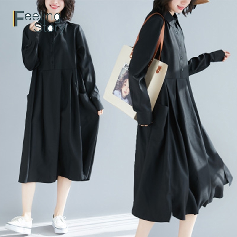 

Art Fan Black Dress Cotton Linen Spring Women Long Casual Shirt Preppy Style Turn-Down Collar Single Breasted Woman 210603