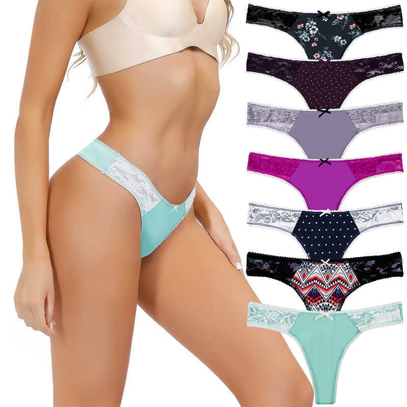 

7pcs/lot random colors women sexy thongs low rise cotton women' G-string T back sexy lace women panties cute bow ladies briefs 210720, 7pcs cotton material