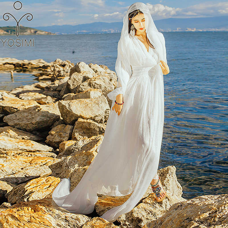 

YOSIMI White Long Women Dress Desert Travel Summer Fit and Flare Maxi Ankle-Length Empire Party 210604, Only dress