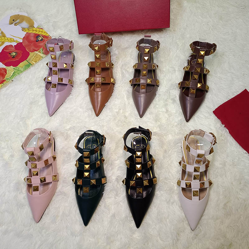 

35-43 Women's sandal elegant summer Sandals pointed toe flat heel Rivet Genuine leather LUXURY SHOES for women H01
