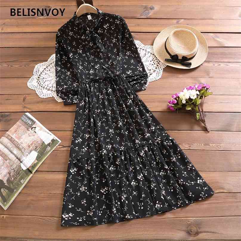 

Spring Summer Dress Vintage Floral Printed Women Long Sleeve Bow Chiffon es A-line Female Vestidos 210520, Diy