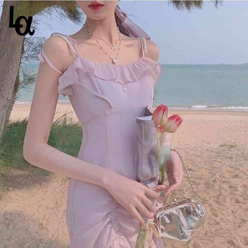 

Kawaii Sweet Blue Strap Dress Korean Designer Fit Chic Chiffon Lace-up Pink Sexy Mini Party Women Summer 210519, Light blue