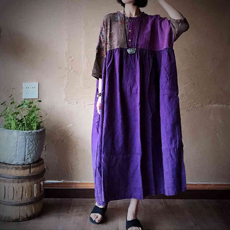 

Johnature Autumn Print Patchwork Linen Dress Retro Vintage O-Neck Batwing Sleeve Plus Size Women Loose Casual Dress 210521, Purple