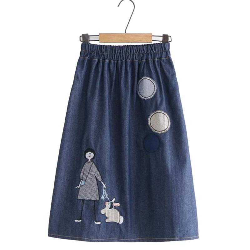 

Skirts Plus Size Cartoon Embroidery Denim Maxi Elastic High Waist Mid-Long Women's Jeans Skirt Female Jupe Femme, Denim skirt