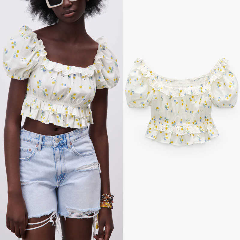 

Za Floral Embroidered Cropped Blouse Women Short Puff Sleeve Hollow Out Ruffle Summer Top Feminine Vintage Pleat Shirts 210602, White