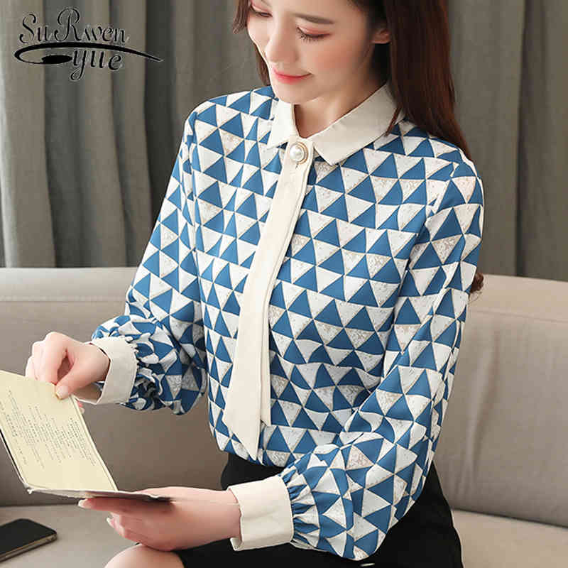 

Korean Fashion Clothing Plaid Shirts Office Lady Long Sleeve Chiffon Blouses Blusas Mujer De Moda Camisas 8090 50 210521, Photo