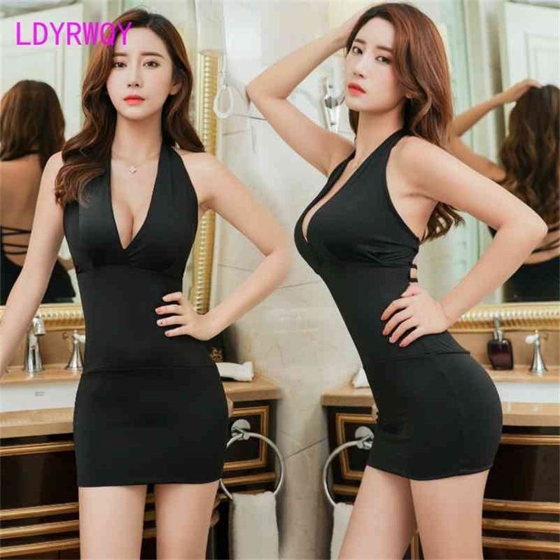 

Pack hip tight women's deep V-neck super exposed sexy nightclub dress low-cut halter Solid Sleeveless Office Lady 210603, Black