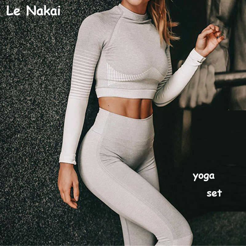 

2 Pcs Seamless Workout Clothes For Women Long Sleeve Yoga Set Crop Top Sport Suit Workout Sportswear Gym Fitness Outfit Clothes T191218, Grey white suit