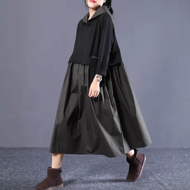 

Johnature Women Casual Hooded Dresses Patchwork Color Long Sleeve Robes Spring Korean Style Women Clothes Loose Dress 210521, Black