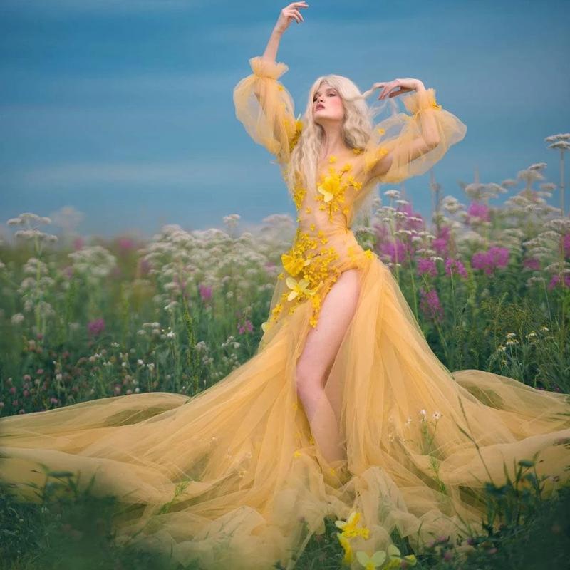 

Casual Dresses Charming Yellow Tulle Women Dress For Po Shoot Handmade 3D Flowers See Through Pography Long Prom Gown Custom Made, Champagne