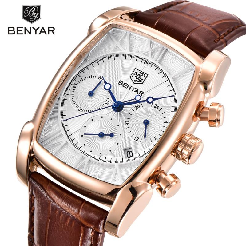 

Wristwatches BENYAR Quartz Men's Watches Fashion Leather Gold Watch Men Top Wristwatch Man Military Chronograph Reloj Hombre