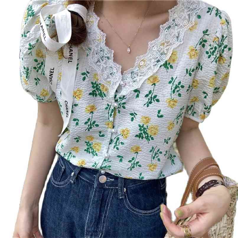 

M- lace stitching puff sleeve V-neck cardigan all-match blouse summer Korean fashion women's clothing 210520, Huanghua