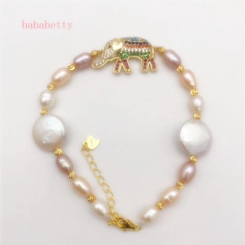 

Natural Freshwater Irregular Rice Shape 5-6MM White Pink Purple Multicolor Bracelet Inlay Elephant Tibetan Silver Clasp Link, Chain