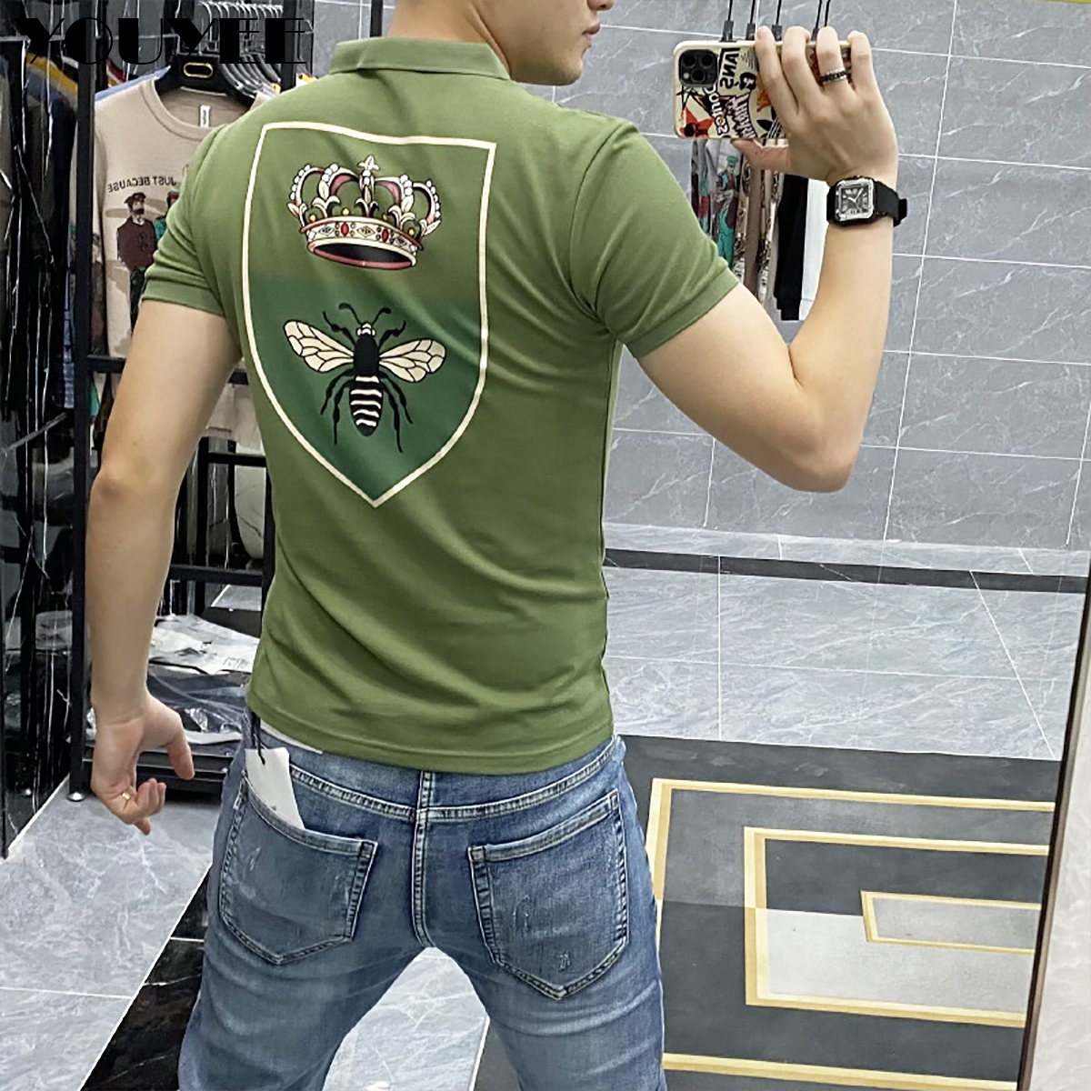 Homme Polo Revers T-shirt Nouveau Mâle D'été À Manches Courtes T-Shirts Occasionnels Homme Vêtements Tendance Coréenne Vert Abeille Impression M-