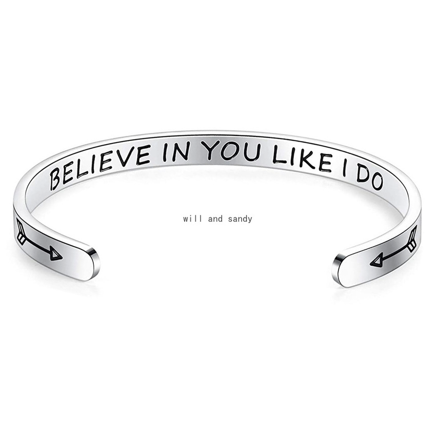 

Stainless Steel Letter Believe In You Like I Do Bangle Cuff C-shape Bracelets Open Cuff Wristband for Women Men Fashion Jewelry Will and Sandy