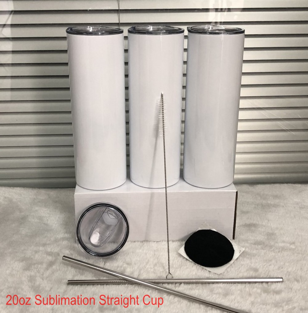 

US Stock!! 20oz DIY Sublimation Straight Skinny Tumbler With Metal Straw Rubber Coaster And Straw Brush Doubel Wall Thermos Cup