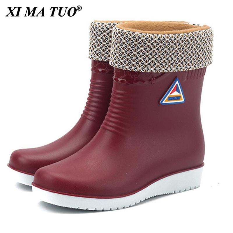 

Boots Flats Non-Slip Rain Women Warm Mid-Tube Round Toe Snow Outdoor Water Shoes Waterproof, Black
