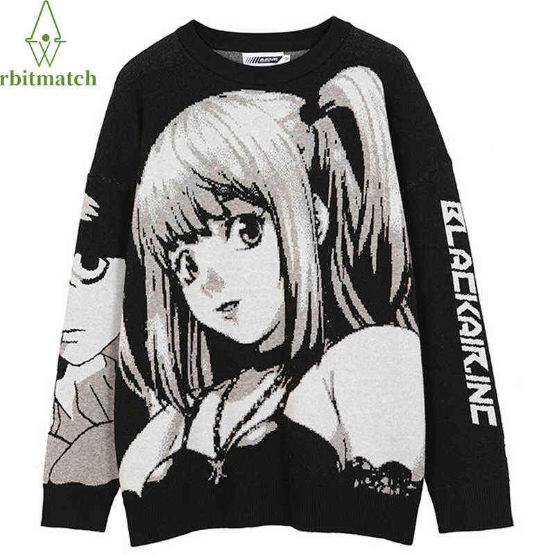 

Oversize Mens Sweaters Pullovers Streetwear Japanese Anime Girl Cotton Knitted Loose Streetwear Hip Hop Casual Woman Sweaters 211109, Black