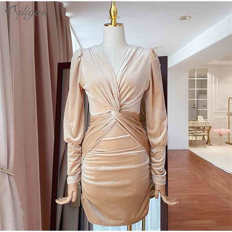 

Winter Women' Sexy Apricot Pink Black V-Neck Gold Velvet Lantern Sleeve Draped Bodycon Party Mini Dress 210525
