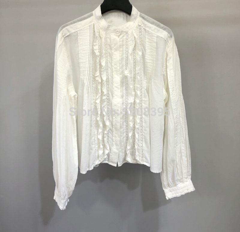 

Women' Blouses & Shirts [7Evening] - White Black Cotton LInen Shirt Front Ruffled Detail Lace Insert Long Sleeves Elastic Cuffs Fashion Top
